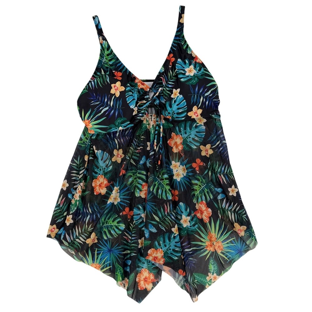Tropical Floral Mesh Handkerchief Hem Tankini Swim‎ Top Black 3XL